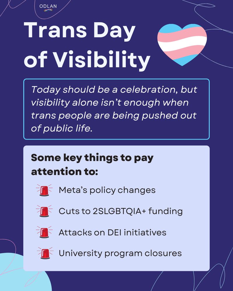 On a blue background, large white writing reads, “Trans Day of Visibility”. In a box below, smaller text reads, “Today should be a celebration, but visibility alone isn’t enough when trans people are being pushed out of public life.”. Underneath, in another box black text reads, “Some key things to pay attention to: Meta’s policy changes, Cuts to 2SLGBTQIA+ funding, Attacks on DEI initiatives, University program closures”.