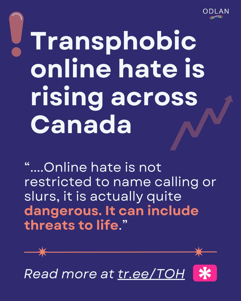 On a dark blue background, large white text reads, "Transphobic online hate is rising across Canada". Below, smaller white and pink text reads, “....Online hate is not restricted to name calling or slurs, it is actually quite dangerous. It can include threats to life. Read more at tr.ee/TOH". There is a pink exclamation mark and an arrow going up in an upward direction around the tex.
