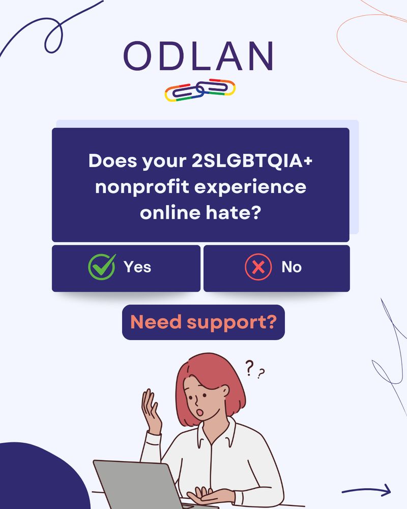  There are 3 blue rectangles with white text in each. The first says, "Does your 2SLGBTQIA+ nonprofit experience online hate?", the second says, "yes", the third says, "no". Underneath it says "need support?". At the bottom there is a cartoon image of a person looking at their laptop in shock and confusion. 