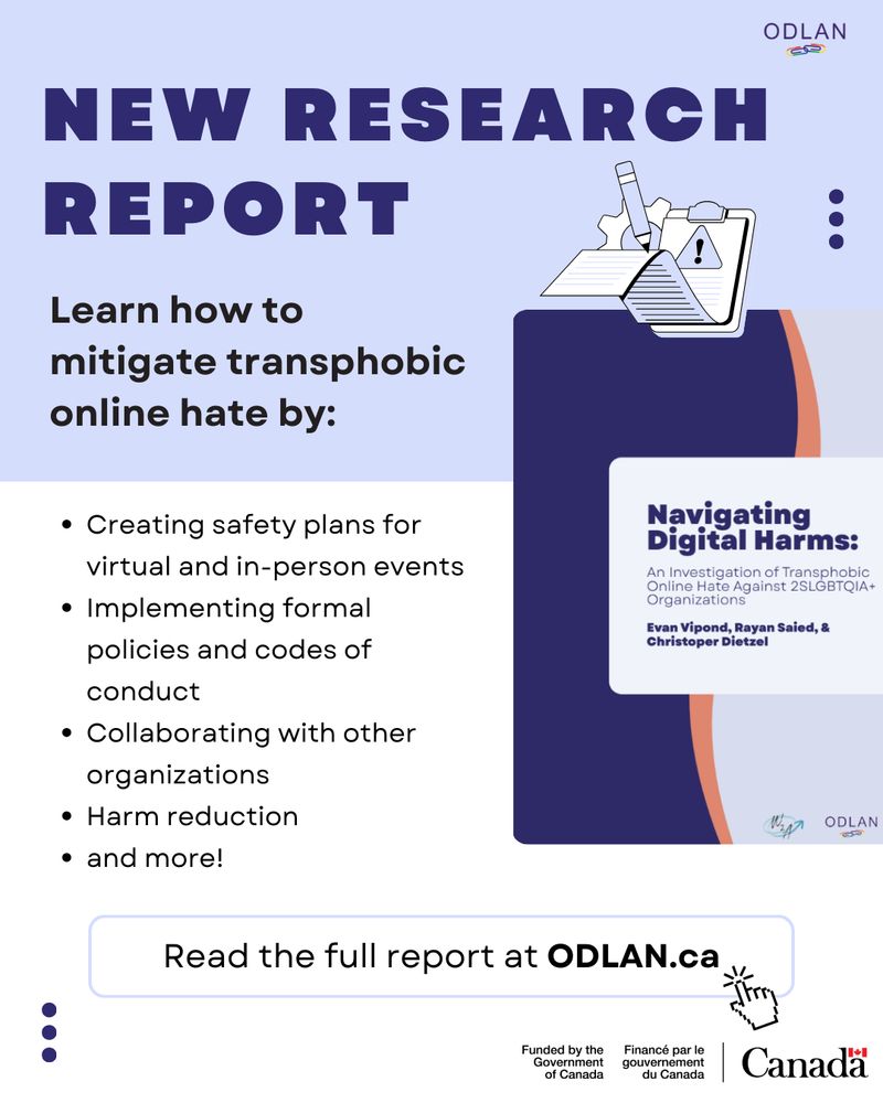 On a light blue and white background, large blue text reads, "New Research Report" with smaller black text below, "Learn how to mitigate transphobic online hate by: Creating safety plans for virtual and in-person events, Implementing formal policies and codes of conduct, Collaborating with other organizations, Harm reduction, and more!". There is a picture of the front cover of the report on the left. Below, text reads, "Read the full report at ODLAN.ca".