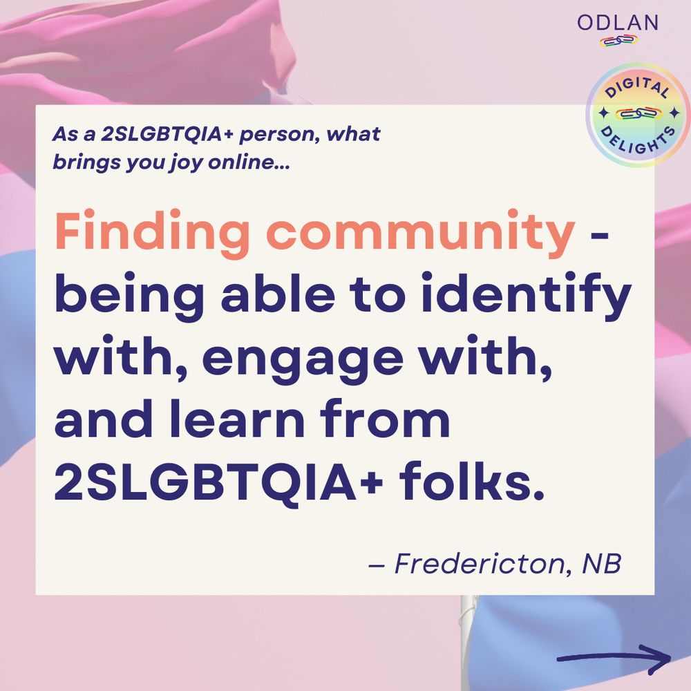 There is a background image of bisexual flags on a pink background. In front, in a white box, blue text reads, "As a 2SLGBTQIA+ person, what brings you joy online... Finding community - being able to identify with, engage with, and learn from 2SLGBTQIA+ folks. —  Fredericton, NB." 