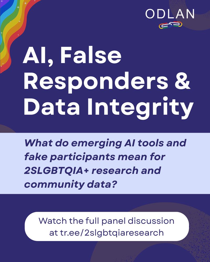 On a dark blue background with light pink circles and a rainbow in the top right corner, large white text reads, “AI, False Responders & Data Integrity”. Underneath, in smaller blue writing, text reads, “What do emerging AI tools and fake participants mean for 2SLGBTQIA+ research and community data?”. In a white bubble at the bottom, more text reads, “Watch the full panel discussion at tr.ee/2slgbtqiaresearch”.