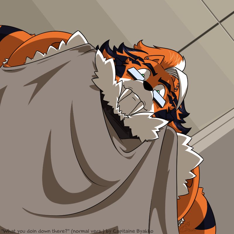 A big saberthooth tiger is looking at you and you're way smaller than him. He's wearing a large tank top that let his pec visible with his whest fur bursting out. He's orange with black stripes and white fur on his chest and wearing glasses