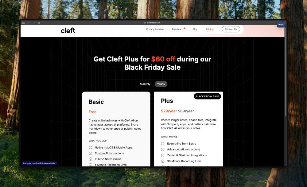 Black Friday Sale: Get $60 off Cleft Plus – Now only $29/year (originally $89/year)! Upgrade to record longer notes, integrate with Zapier & Obsidian, and enjoy advanced AI features. Limited-time offer!