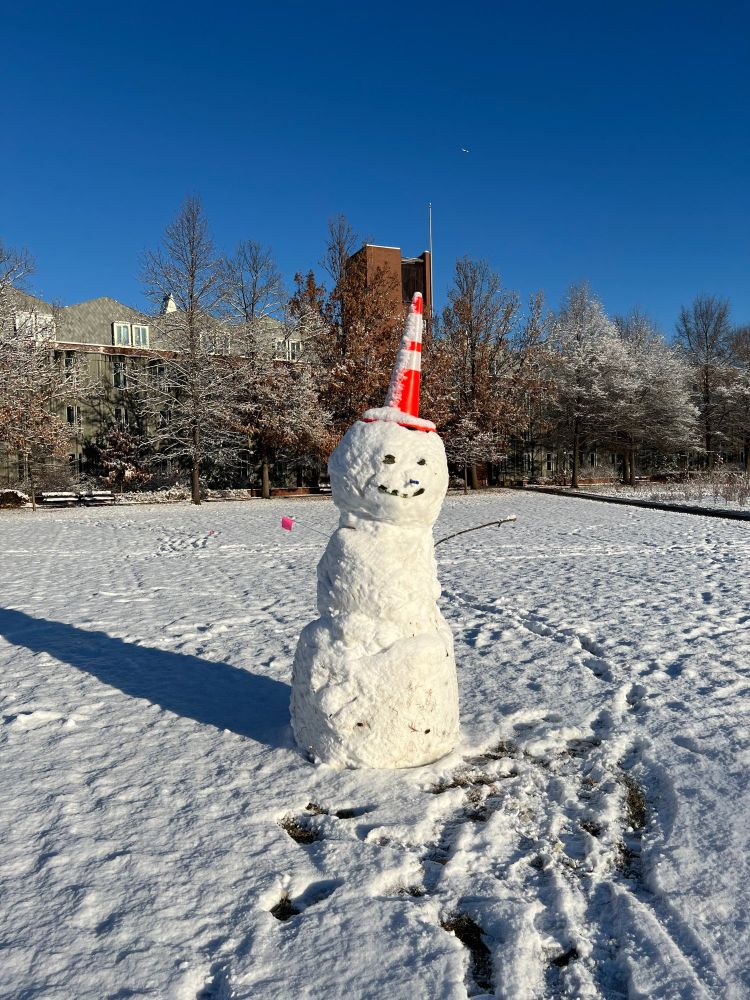 Snowman on Princeton's Poe Field, with an emergency cone for a hat, a twig for one arm, and an orange marker flag for the other. 