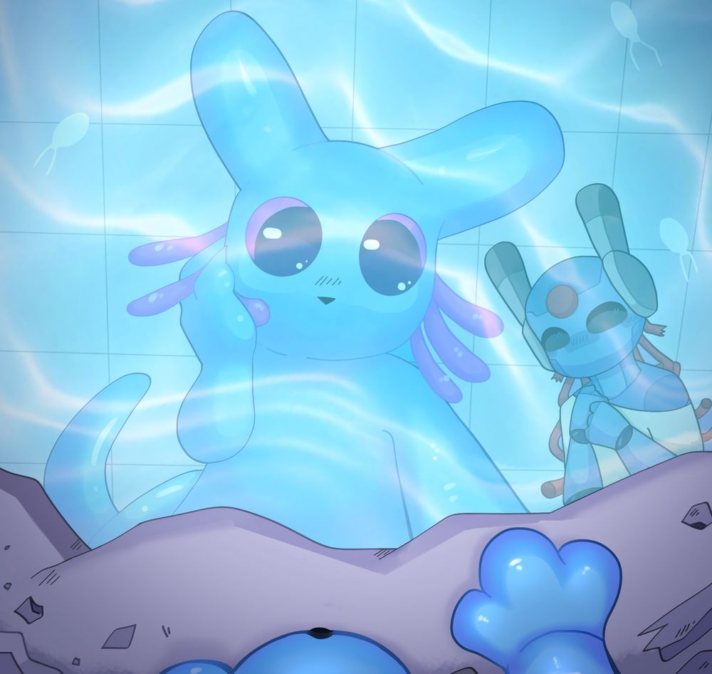 a drawing of a post-tf Rivulet looking at their reflection in the water, eyes full of wonder and whimsy. they have a hand to their cheek to feel their face and changes. they are in Looks to the Moon’s chamber, with said character also in the reflection. they look happy/pleased with the slug’s changes.