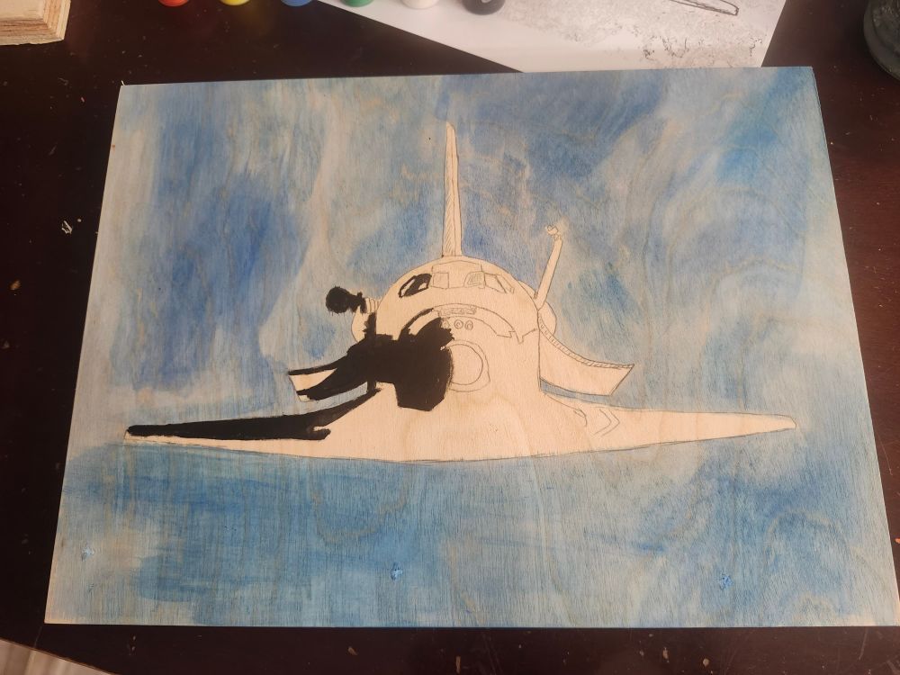 Acrylic painting on plywood of a space shuttle