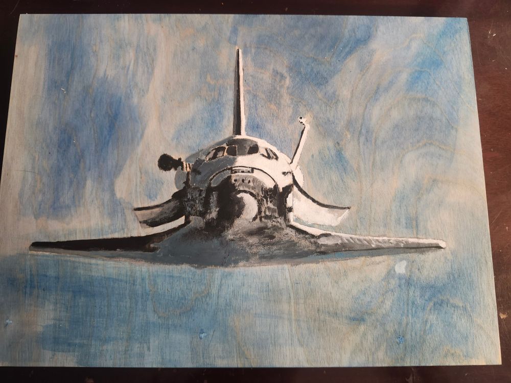 Acrylic painting on plywood of a space shuttle 