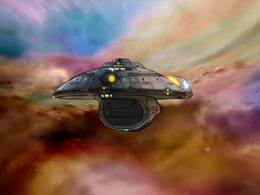Digital painting i did of my own class of Starship, the Hoplite class. A little bigger than a Defiant class,  with a shuttlebay and a new type of circular pod nacelle.