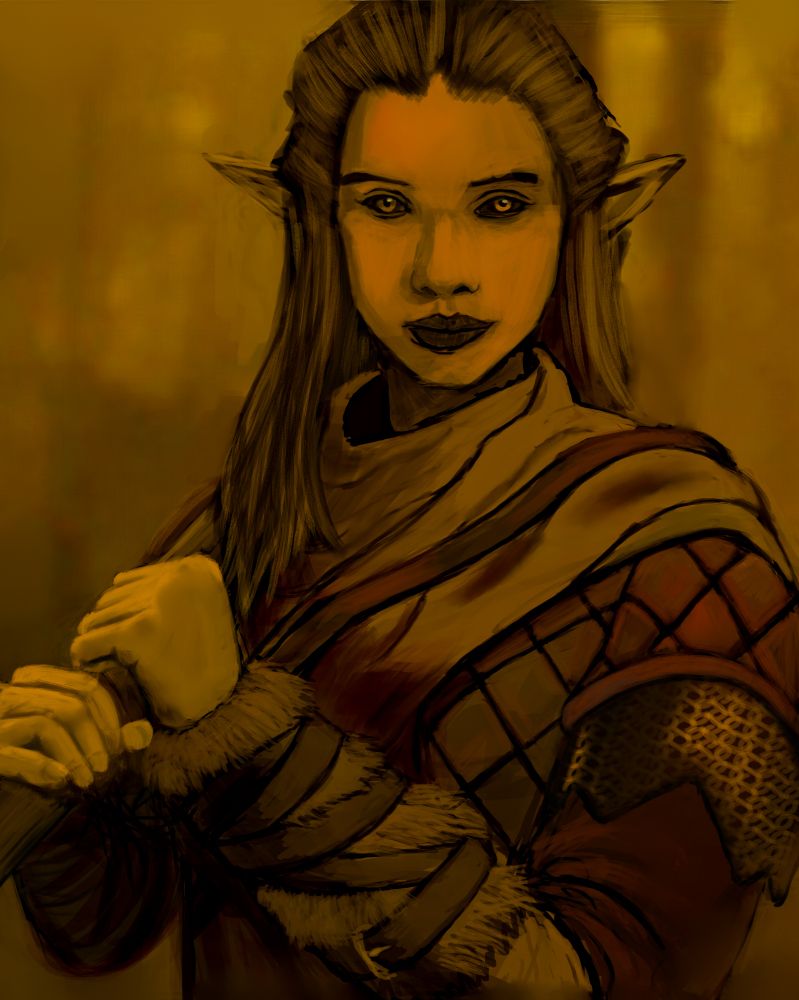 Digital painting of a skyrim OC named Mirileth wearing whiterun guard armor and holding a stick