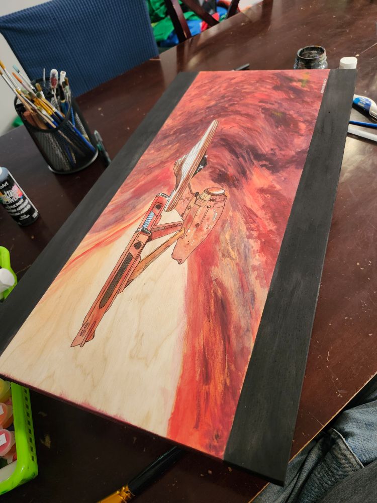 An acrylic painting on plywood of the USS Enterprise refit originally made by AdmiralBuck with permission