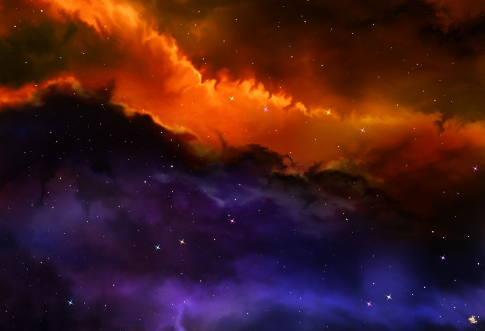 Digifal Painting of a nebula with oranges reds and blues