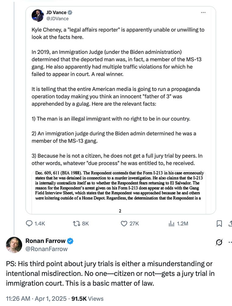 JD Vance
@JDVance
Kyle Cheney, a "legal affairs reporter" is apparently unable or unwilling to look at the facts here. 

In 2019, an Immigration Judge (under the first Trump administration) determined that the deported man was, in fact, a member of the MS-13 gang. He also apparently had multiple traffic violations for which he failed to appear in court. A real winner. 

It is telling that the entire American media is going to run a propaganda operation today making you think an innocent "father of 3" was apprehended by a gulag. Here are the relevant facts:

1) The man is an illegal immigrant with no right to be in our country. 

2) An immigration judge determined he was a member of the MS-13 gang. 

3) Because he is not a citizen, he does not get a full jury trial by peers. In other words, whatever "due process" he was entitled to, he received.