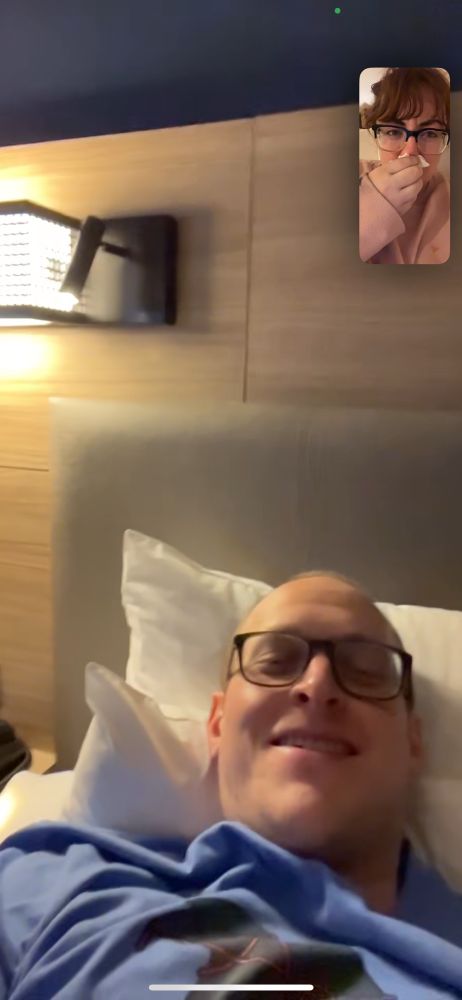 Thornton and I on Facetime. He is adorable in blue and I am crying in pink