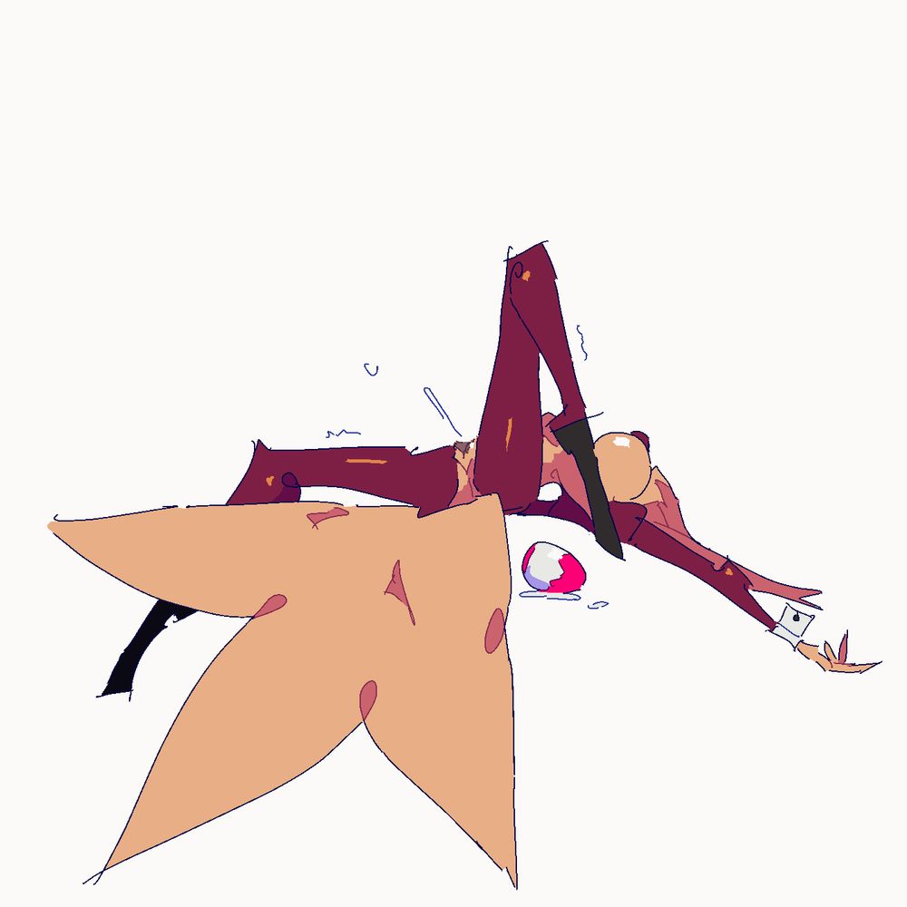 Teapot, a towering Kitsune with cream-colored fur, long pointy ears and a massive bouquet of five tails is wearing a skimpy Reverse Bunny Girl outfit. She has collapsed in a heap on her back, her legs and thighs bouncing up and out uncontrollably in orgasm. A large, colorfully patterned egg about the size of a softball sits in a puddle of her own fluids near her hips. From the low angle of the scene, her face is hidden behind a mound of her exposed breast peeking out from her supine chest.