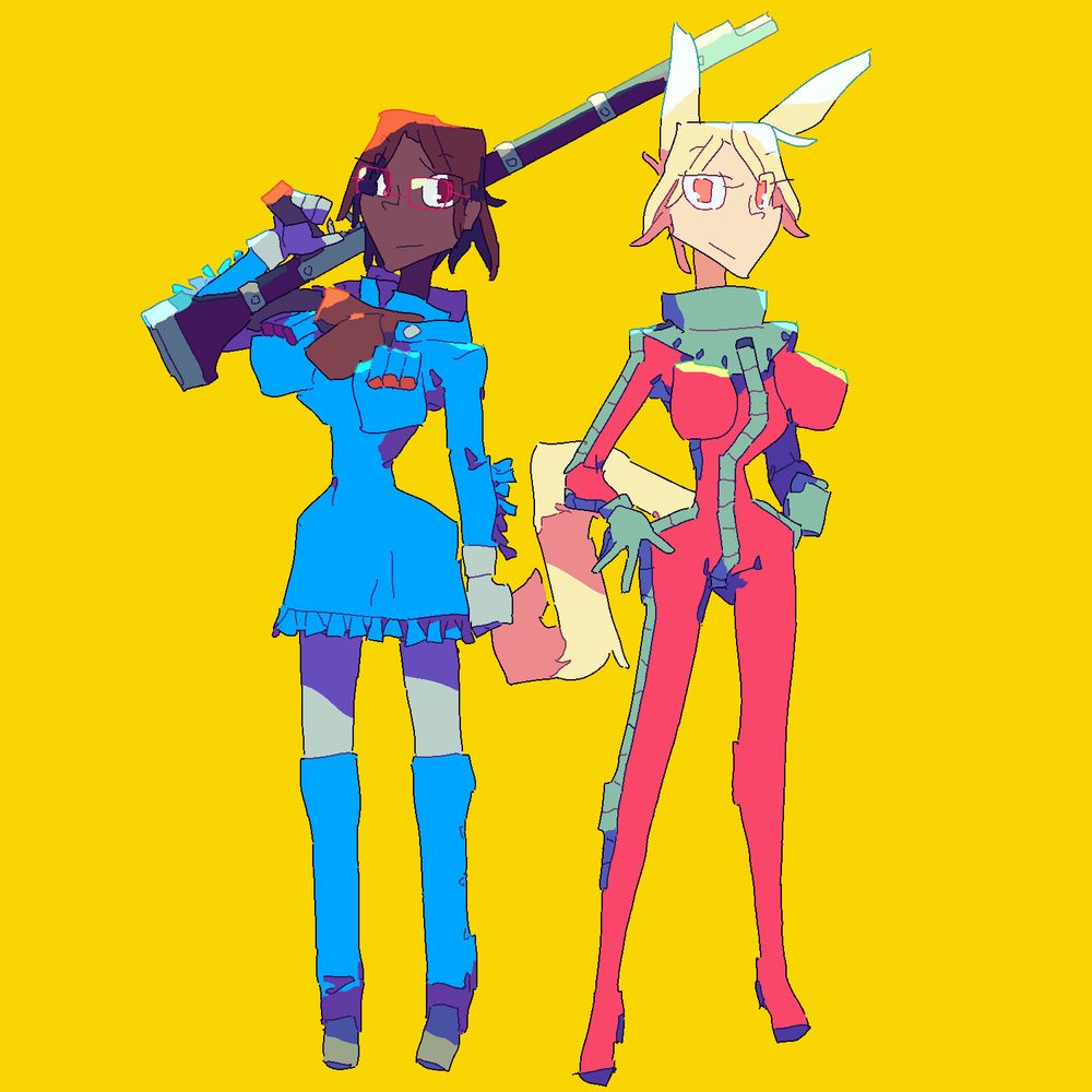 Ayumu and Chance each maintain a tall pose for their respective cosplays. The darker-skinned Ayumu is dressed in the deep blue fringed jacket of Nausicaa from the titular animated film and rests a long, wooden rifle on her shoulder, pointed up and behind her. The blonde, lighter-skinned Chance is dressed in the magenta-red Zeon Principality normal suit of Char, from the Mobile Suit Gundam animated series, hands resting stylishly on her hips.