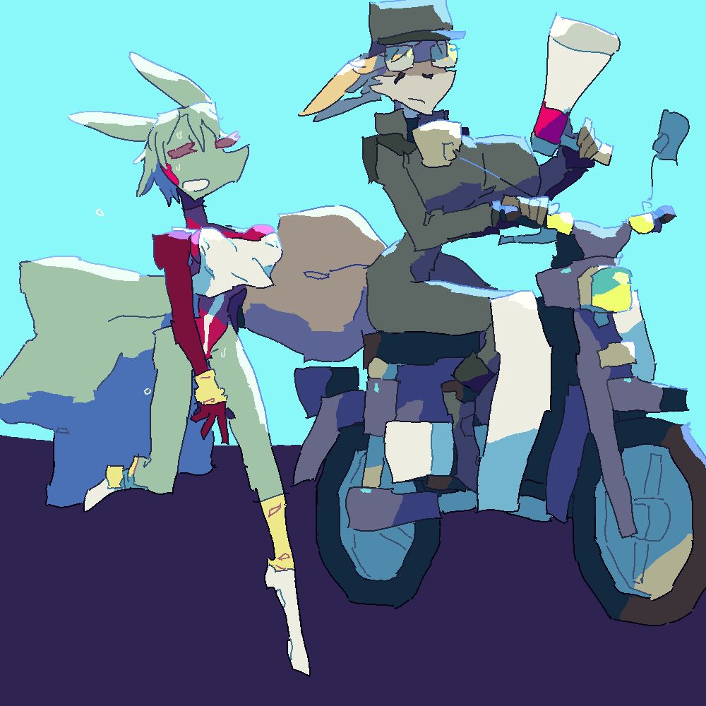 Biscuit, a seven-tailed kitsune with mint-colored fur is running alongside Gray, a much larger, three-tailed kitsune with the desaturated fur and gray wolf facial pattern of her namesake. Gray is dressed as "Coach" Koichiro Oota, from the animated series Gunbuster, and holds a megaphone while riding a motorcycle along to the side, matching Biscuit's pace. Biscuit wears the distinctive girl's track uniform of the pilot school and struggles to keep her eyelids open from exhaustion. It is a scene taken almost directly from the "Active Heart" training montage of the anime.