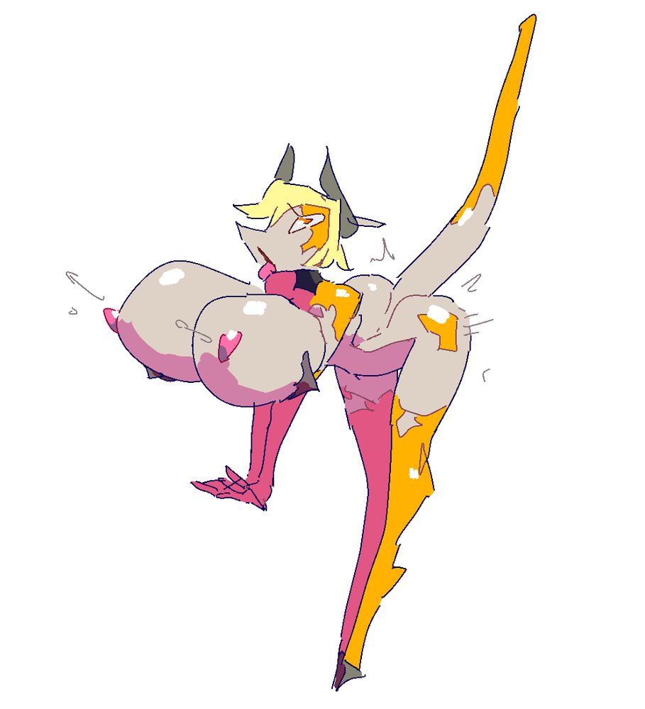 Cowqet, a white dragon-lizard lady with yellow cow-print pattern and short, blonde hair completely unclothed and bent over almost to a right-angle. She throws her tail up and head up with tongue lolling in shock as two disembodied hands grasp and squeeze her enormous breasts. Beads of sweat shoot off of her from the excitement and arousal.