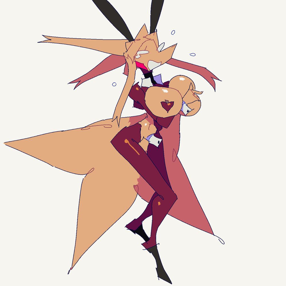 Teapot, a towering Kitsune with cream-colored fur, long pointy ears and a massive bouquet of five tails is wearing a skimpy Reverse Bunny Girl outfit. She squirms and twists in abject panic, covering her crotch with one hand and her large breasts with the other in a futile attempt at modesty. Beads of sweat shoot out from her face.