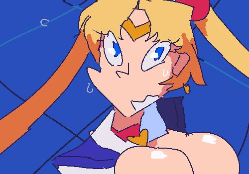 Usagi Tsukino from the anime Sailor Moon is viewed from above and holds a frightened expression with beads of sweat shooting off her face. It is a scene taken exactly from her appearance in the 'Sailor Moon Redraw' challenge. Behind her is the distinctive blue, tiled floor of the screencap.