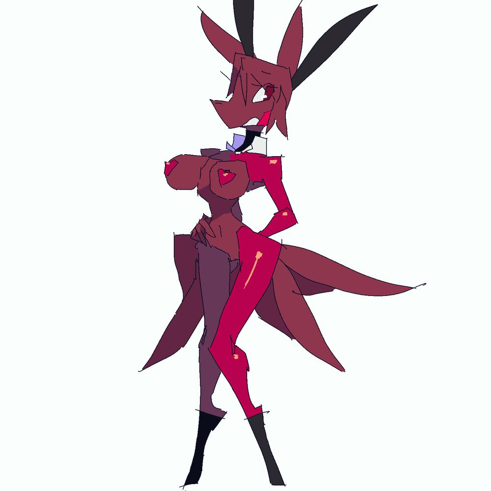 Six, a six-tailed rust colored kitsune is knock-kneed from the embarrassment of her highly revealing red-pink reverse-bunny outfit. She places one hand over her rear and the other above her crotch in a flimsy attempt at modesty.