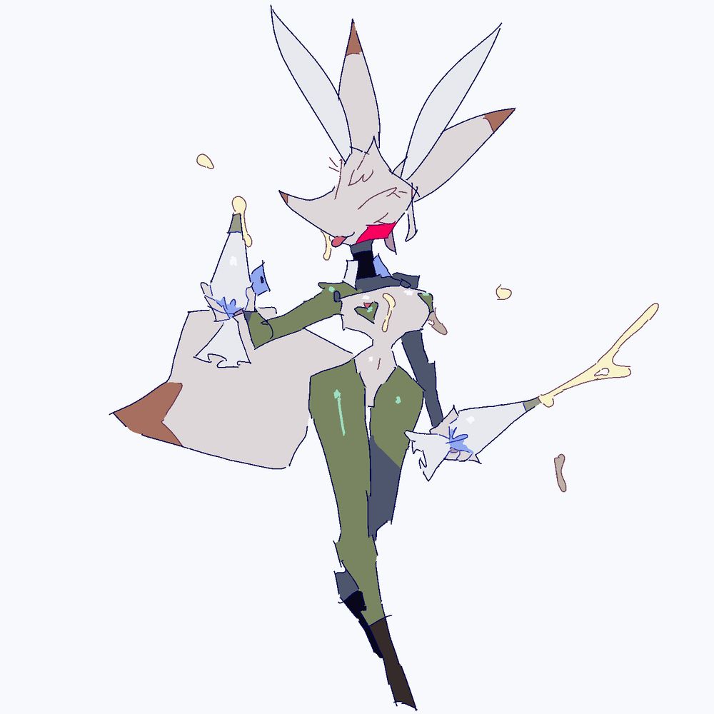 Nougat, a petite, one-tailed kitsune with white fur and brown dipstick ears and tail tip is wearing a spruce-green reverse-bunny outfit and has her feet together in mid-prance. Held out to her sides in each hand are confection pipes leaking a plain-white cake frosting. She playfully licks some of the frosting that has gotten on her cheek.