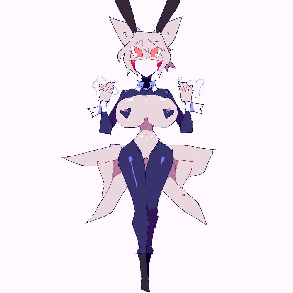 Rio, a seven-tailed kitsune with white fur and salmon colored eyes is standing plain and straight dressed in a dark blue reverse-bunny outfit. She wears a plain white medical face mask and her hands are covered in soap suds, holding them up and out from herself to demonstrate proper hand-washing technique.