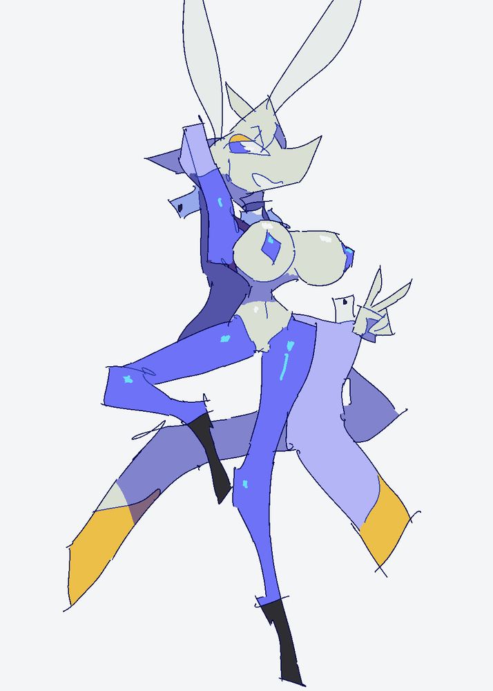 Zangeki, a weasel girl with white fur and lavender-purple eyes is wearing a skimpy Reverse Bunny Girl outfit. She makes a large, mischievous grin while posed on one leg in a bendy, gymnastic pose, and makes a peace sign with a hand held out to the side of her hip.