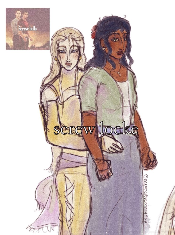 Celes stiffly holds Rachel’s waist, both of them stare dead at the viewer. Large text in front of them reads “Screw Locke.” Drawn by seepingfrommyskin. 