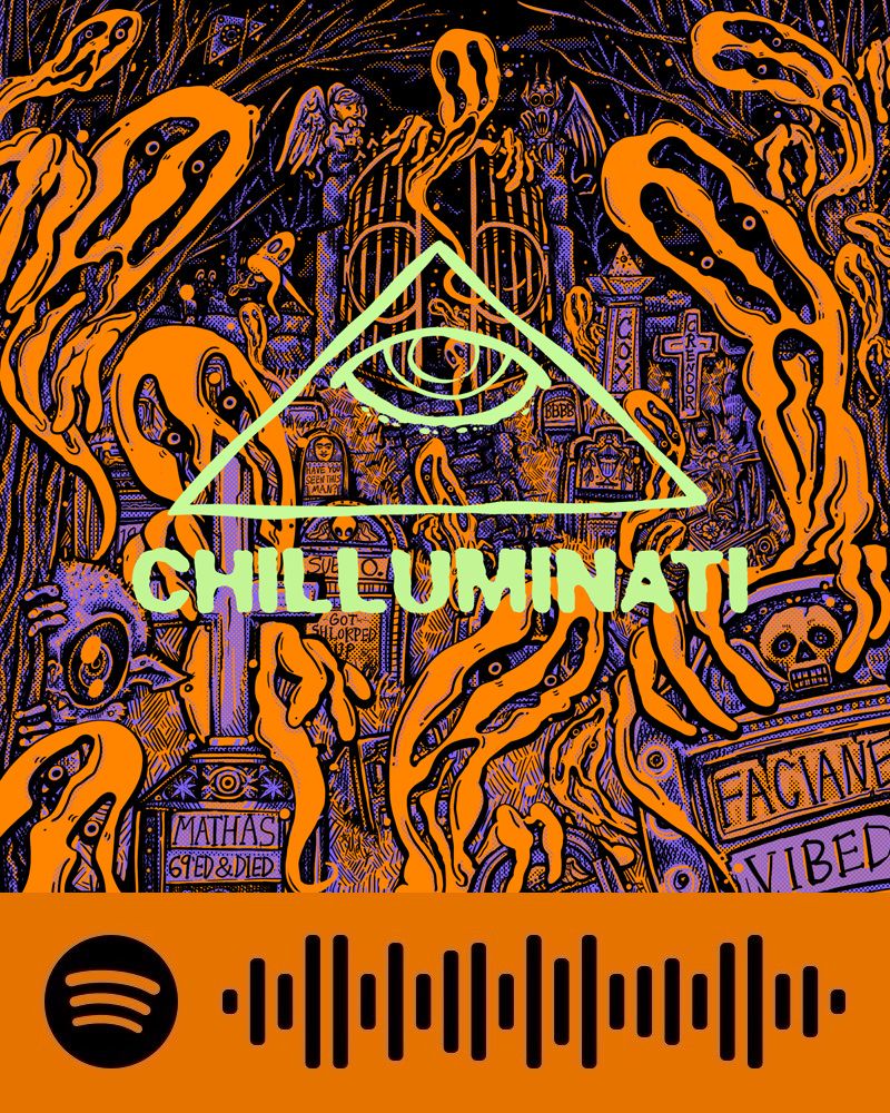 The Chilluminati Halloween Podcast Cover with the Spotify Scan Code underneath.