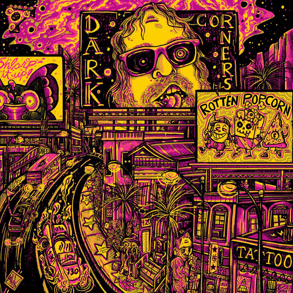 The new Podcast art for LA season. Orange and Pink are the main colours. A busy street surrounded with billboards, quirky shops and... Are those cryptids? Art, as usual, by the incomparable Melectro. This one doesn't have a logo.