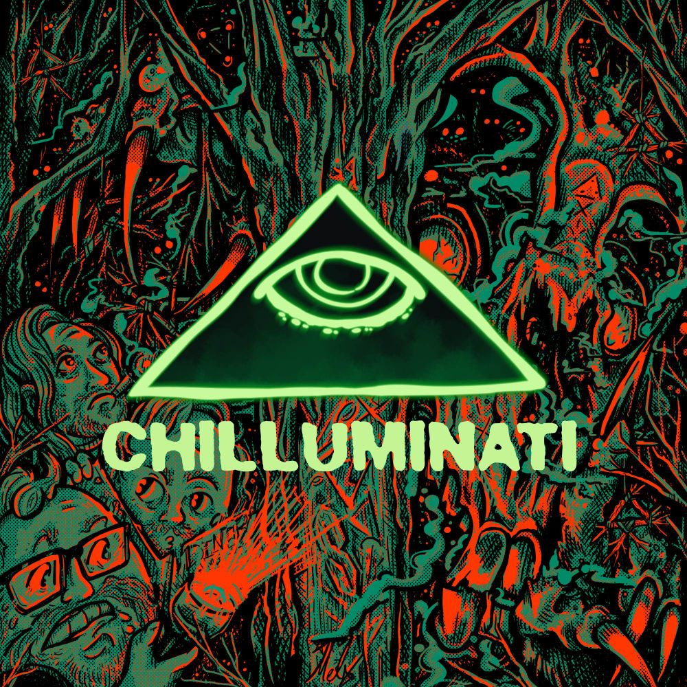 The new Podcast art by Studio Melectro. Mathas (smokin), Alex (readin) and Jesse (shinin) are looking at a tree carved with occult symbols. Many interesting items are hanging from the trees and a creature is watching...