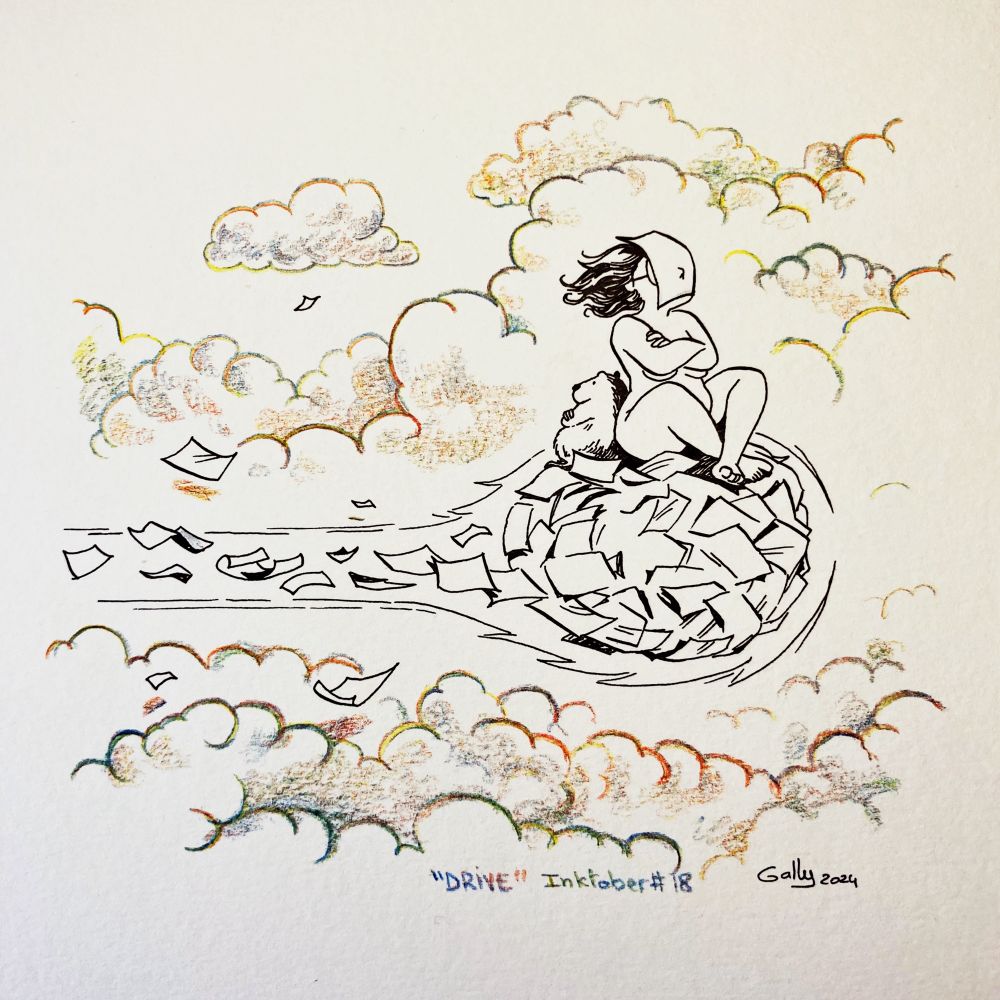 Dessin d'une femme et une marmotte posées sur une grosse boule de papier volante comme Goku sur son nuage magique. 