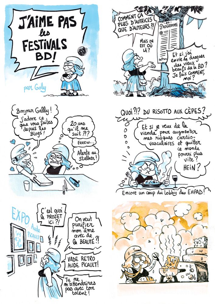 Une petite BD humoristique (enfin on essaye) mettant en scène mon personnage avec un bonnet du schtroumpf grognon et qui râle sur tout ce qui bouge concernant les festivals BD. Second degré inside.