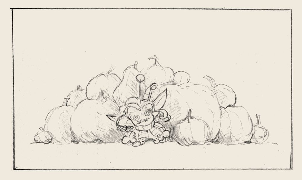 An uncoloured image of a Voodoo doll Twygg seated amongst a council of pumpkins & squashes.