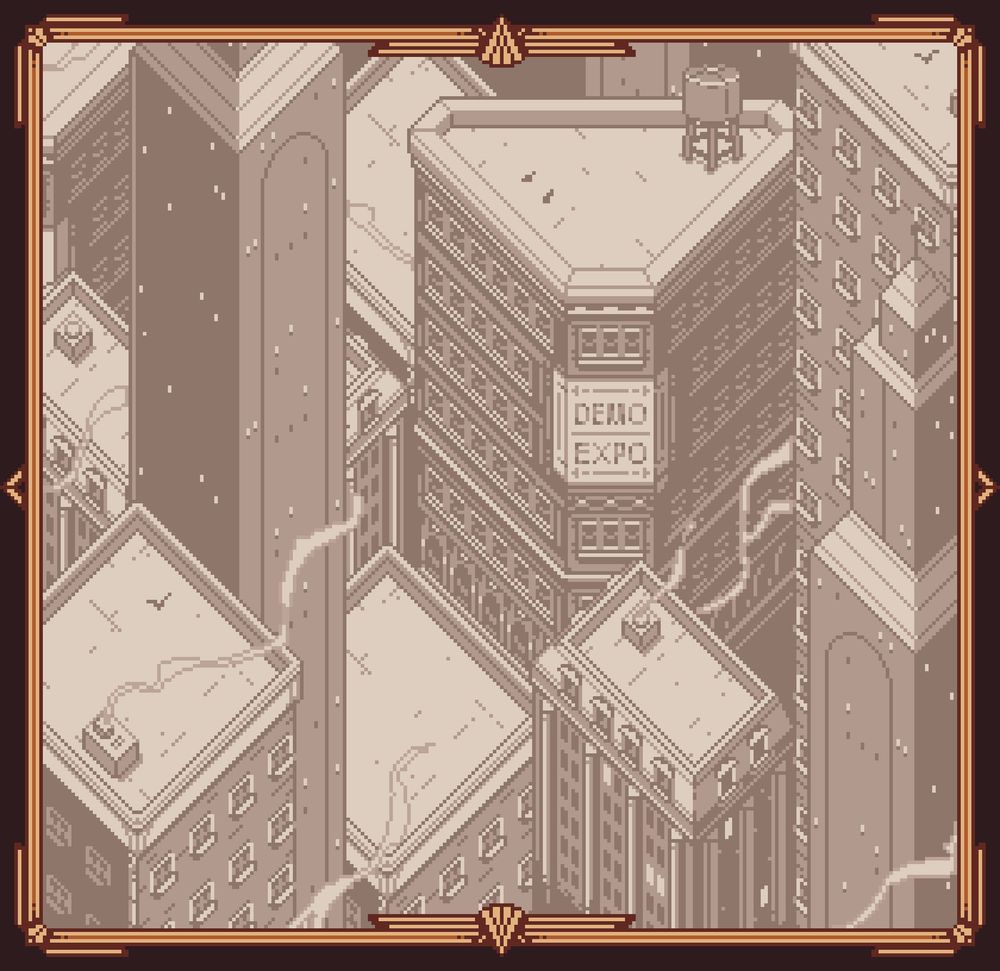 A framed pixel art image of 20th century city skyline. Isometric and in monochrome