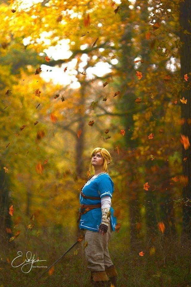 Illiane as Link from the Legend of Zelda Breath of the Wild, wearing the champion tunic and exploring in a forest during Fall. He's wilding a sword in one hand. Some leaves are falling from the trees