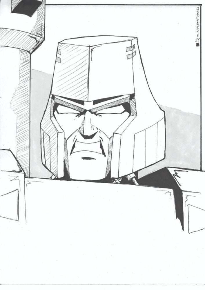 drawing of Megatron, he has a bit of a grimace on his face