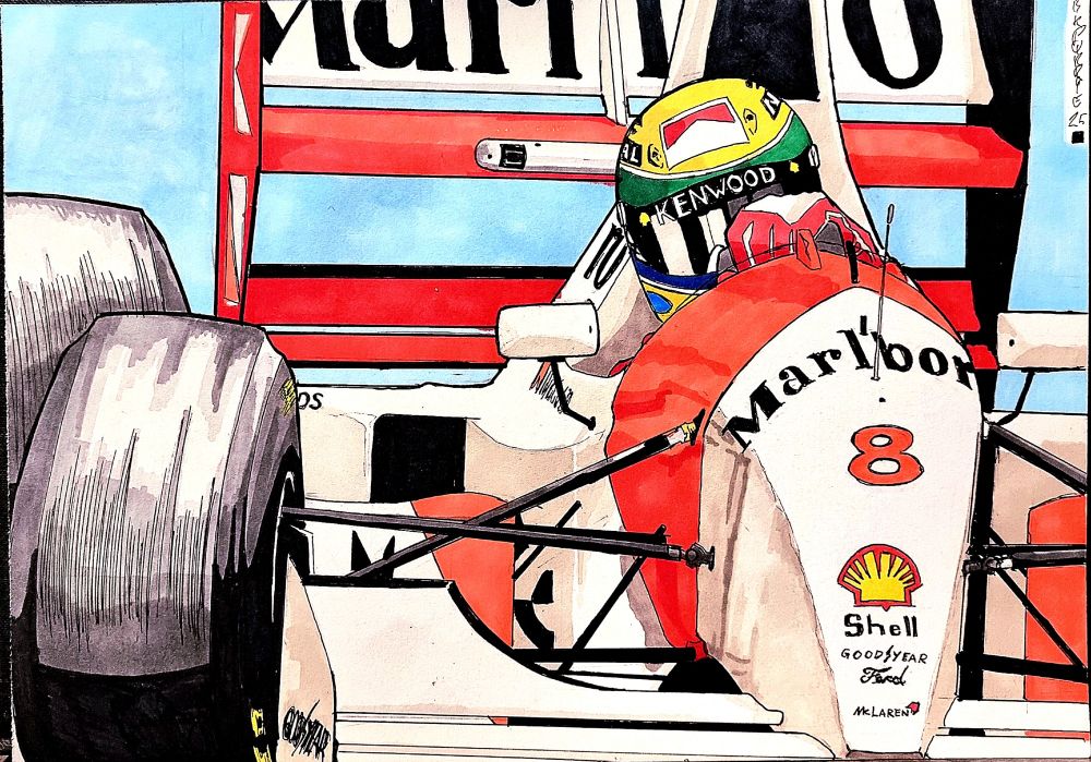 Ink drawing with Promarker colours of Ayrton Senna driving his McLaren MP4/8