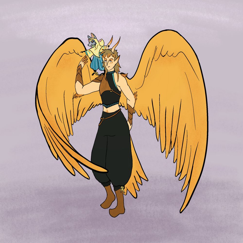 Soleil, a bird-like tiefling with large yellow wings, reaches up to their shoulder where Apricot, a small fennec fox wearing a bright hood and gold jewelry, stands with one foot on his shoulder and one hand holding his horn, pointing excitedly off into the distance. 