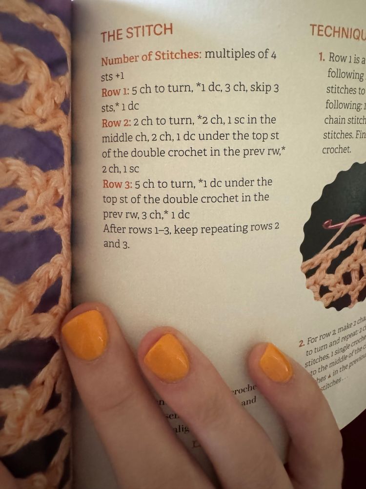 from a how-to crochet book:

THE STITCH

Number of Stitches: multiples of 4
sts +1

Row 1: 5 ch to turn, *1 dc, 3 ch, skip 3 sts,* 1 dc

Row 2: 2 ch to turn, *2 ch, 1 sc in the middle ch, 2 ch, 1 dc under the top st of the double crochet in the prev rw,* 2 ch, 1 SC

Row 3: 5 ch to turn, *1 dc under the top st of the double crochet in the prev rw, 3 ch,* 1 dc

After rows 1-3, keep repeating rows 2 and 3.
