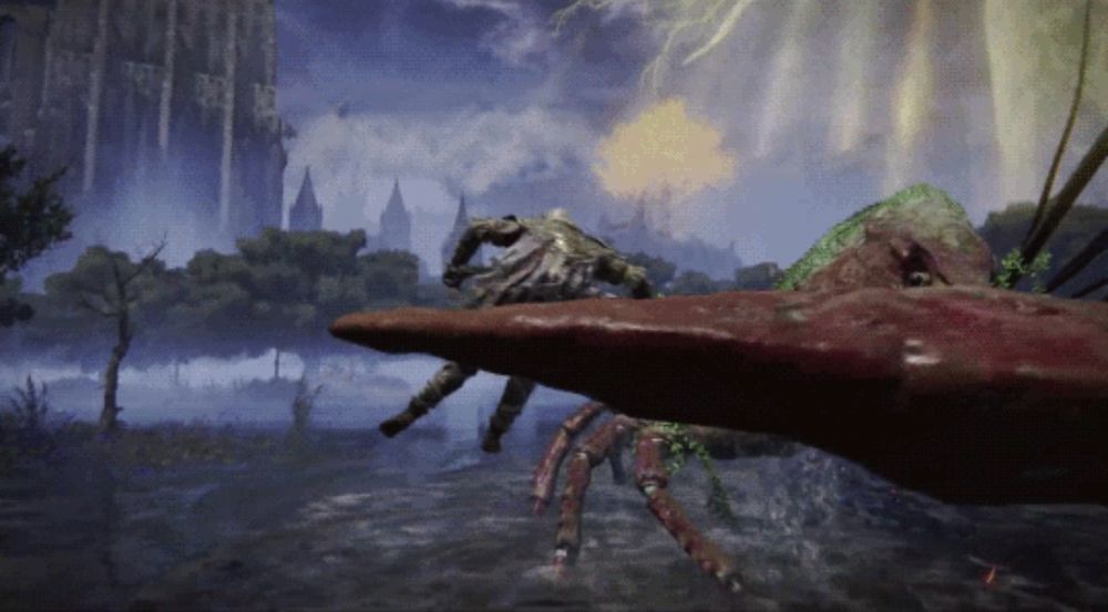 a giant lobster enemy in elden ring swipes up the player with their claw