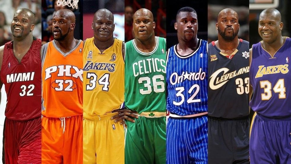 Shaq wearing a menagerie of different-colored uniforms throughout his career. Also, "menagerie" is one of those weirds where I feel like I can never actually spell it right on my first try.