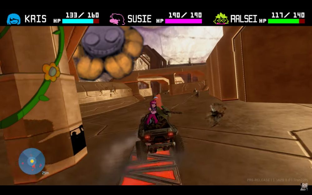 Halo 3 Warthog Run but it's Deltarune characters with Susie acting as the gunner. The HP is from Chapter 3 because I didn't want to find the font just to make the HP above what it is in Chapter 4.