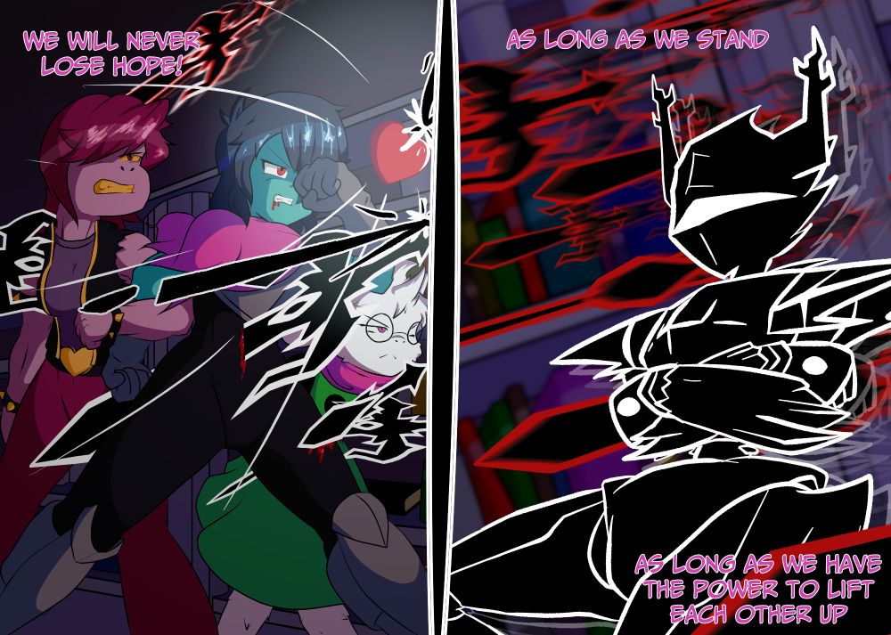 Kris, Susie, and Ralsei slowly approach the Knight as the Player uses its light to deflect the Knight's blades to the best of its ability. The Knight watches in an impressed but confident manner.
Susie: As long as we stand... As long as we have the power to lift each other up... we will never lose hope!