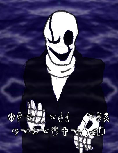 The mystery man, presumably Gaster, giving a warning.

Gaster?: ❄︎☟︎☜︎ ☜︎☝︎☝︎ 💣︎✌︎☠︎ 👎︎☜︎👍︎☜︎✋︎✞︎☜︎💧︎📬︎