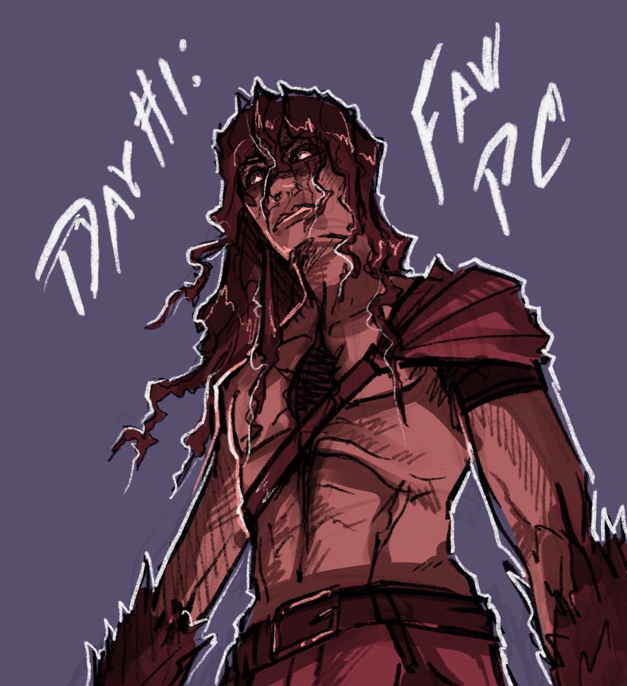 Drawing of Everett James Petalbridge looking down out the viewer with his face cast in shadow and eyes glowing white. Text: Day #1: Fav PC 