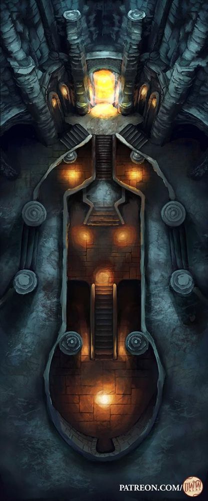 Portal of Shadows Battle Map by Domille's Wondrous Works. It features a stone bridge, It features a stone temple with a portal filled with swirling light at the far end. 