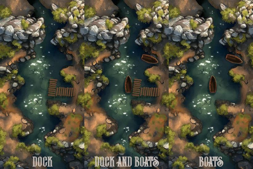 Mountain River Battle Map and its variations by Domille's Wondrous Works. It features a sundappled river twisting through stones.