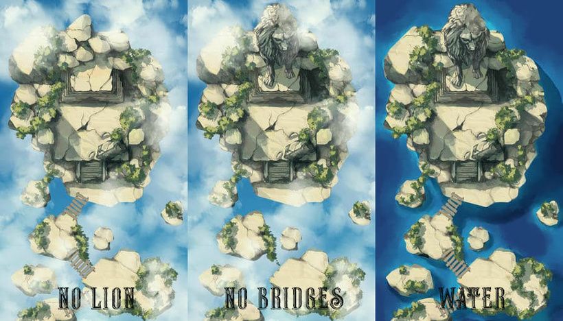 Floating Island Ruins in the Sky Battle Map and its variations by Domille's Wondrous Works. It features a floating stone ruin connected by a series of bridges. A stone lion statue sits at the center.